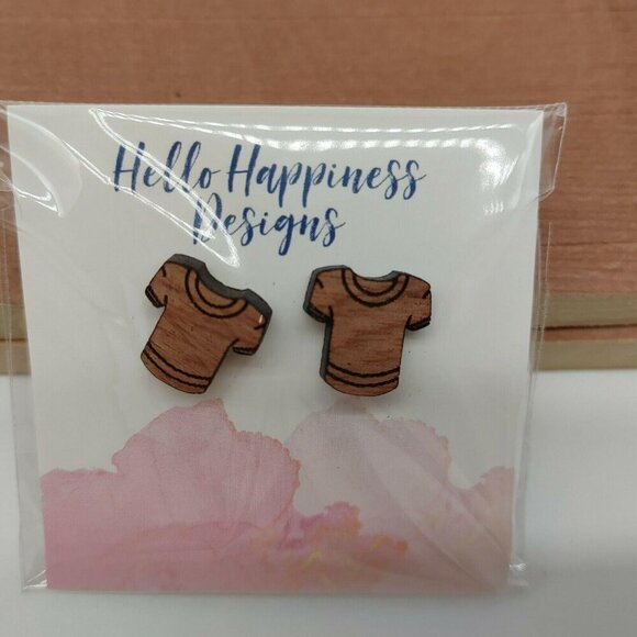 Wooden T-Shirt Stud Earrings By Hello Happiness Designs Hand Drawn Lazer Cut - Picture 3 of 6